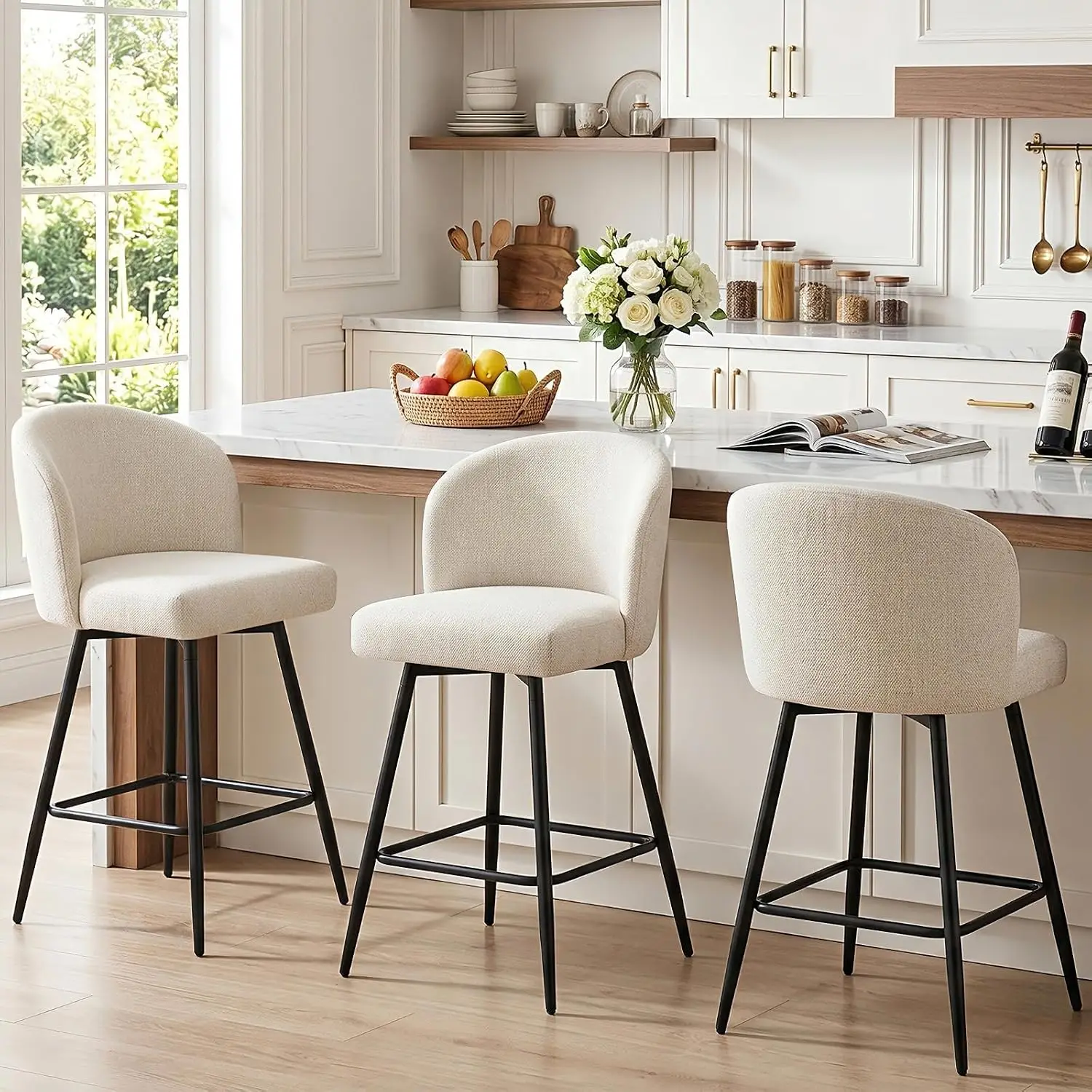 Swivel Bar Stools Set Of 3, Upholstered Counter Height Stool With Back & Metal Leg, 26 Inch Seat, Linen Fabric Beige, Customized