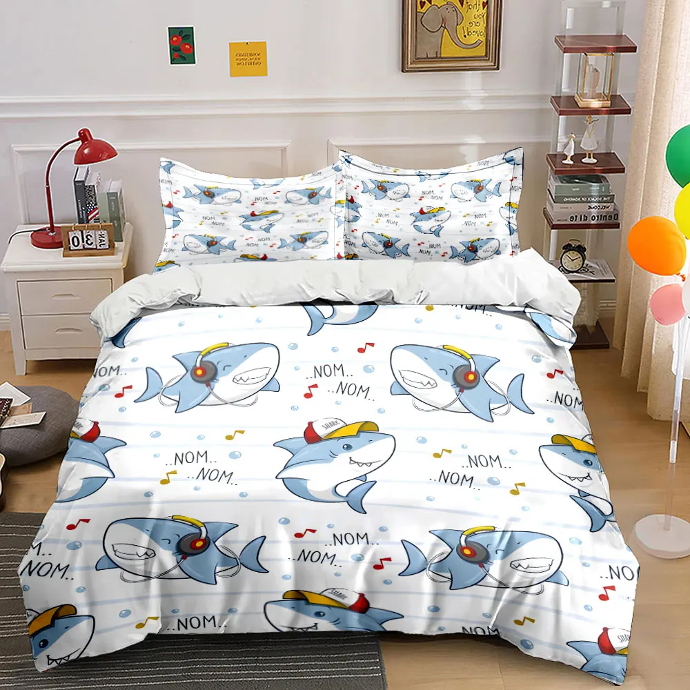 Cartoon sharks with headphones and hats Printed Duvet Cover Set1 Duvet Cover+2 PillowcaseMulti Size Bedroom Bedding Decor