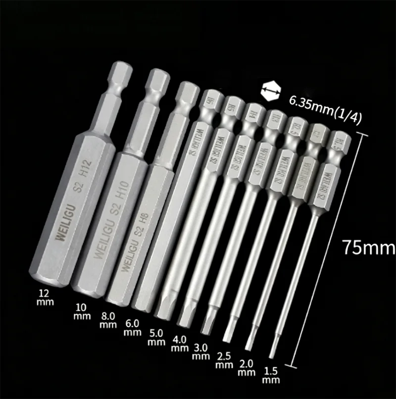 1/4 Pneumatic Screwdriver Nozzle 6.3mm Round Shank Nut Hexagonal Electric Drill Impact Wrench Tool Set 75mm