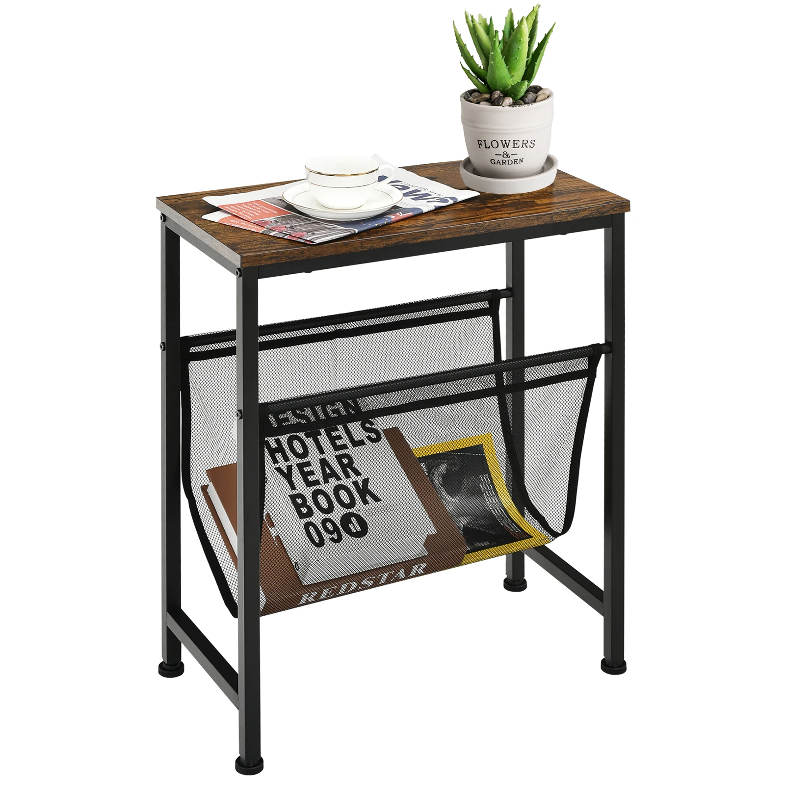 GOFLAME Industrial End Table 2-Tier Narrow Small Side Accent Table with Mesh Magazine Holder Sling