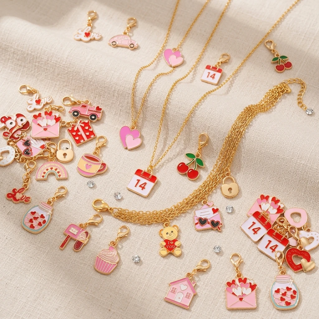 10Pcs/Set 24 Styles Valentine's Day Alloy Charms Pink Love Bear Owl Heart Pendants DIY Keychain Jewelry Making Accessories Gifts