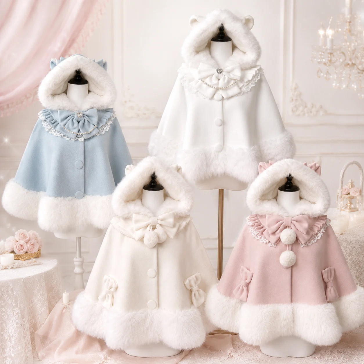 Autumn Winter Japanese Bow Ruffles Ponchos Lolita Style Sweet Kawaii Capes Coat Women Viange Outerwear Clothing Warm