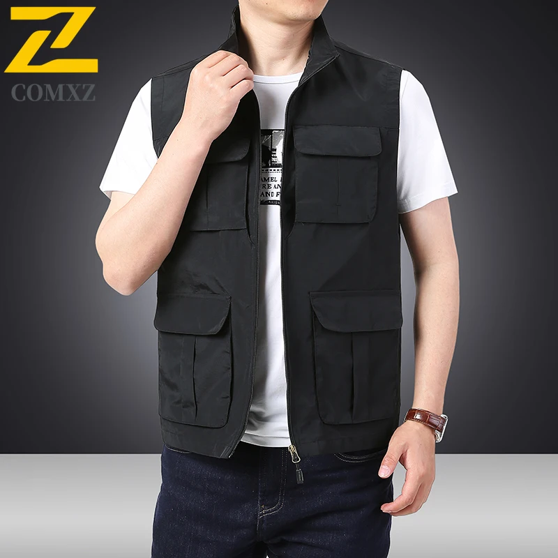 2025 New Multi-pocket Vest Men's Fashion Casual Mesh Lined Breathable Sleeveless Work Vest Hiking Fishing Solid Color Waistcoat