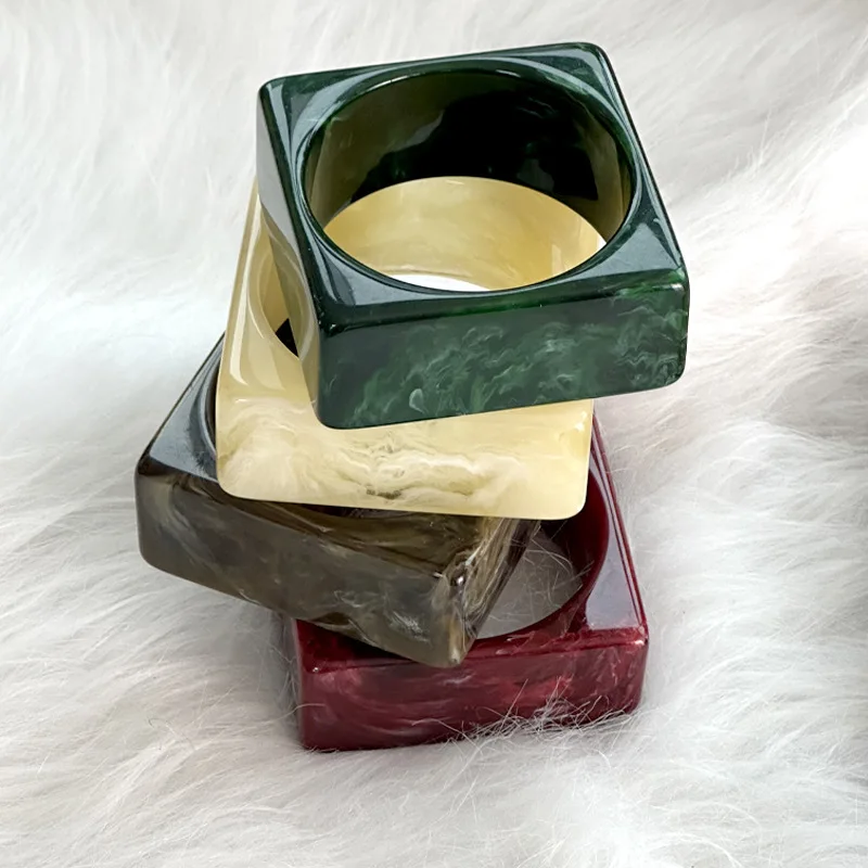 HUANQI Fashion Chunky Thick Colorful Marble Pattern Acrylic Resin Square Round Bangles for Women Girls Party Travel Jewelry