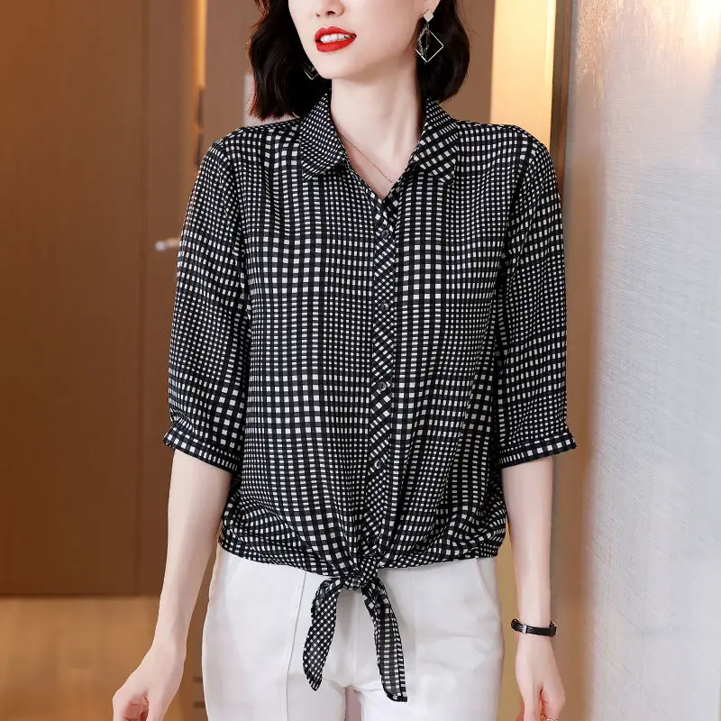 Middle sleeved chiffon protective shirt blouse female summer half sleeves polo middle-aged mother shirt female loose clothing