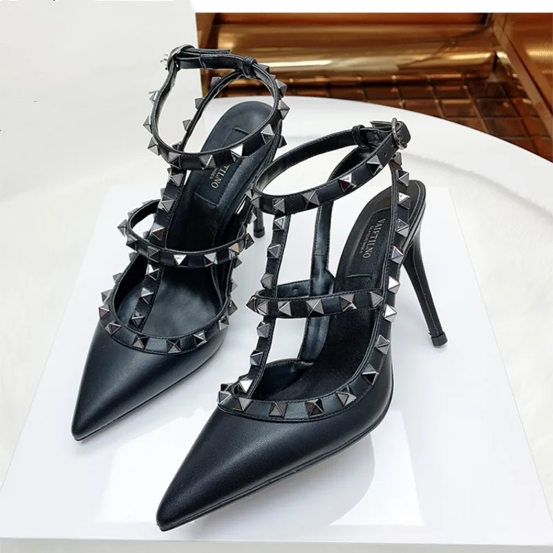 Genuine Leather Women High Heels Sandals 2024 Trend Summer Rivets Sequin Pointed Pumps Sexy Classic Girl Sandals Wedding Shoes