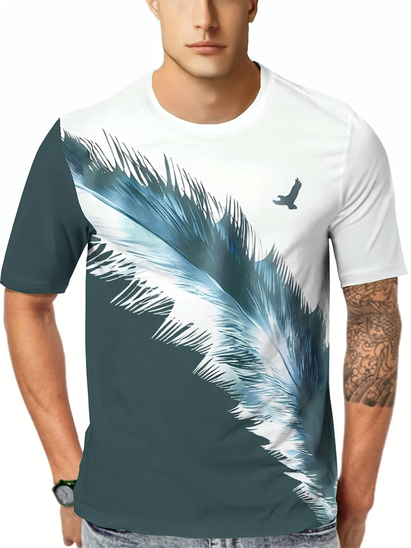

Trendy Feather Graphic Contrast Color T Shirts For Men Summer Fashion Crew Neck 3D Eagle Printed Tees Cool Streetwear T-shirts