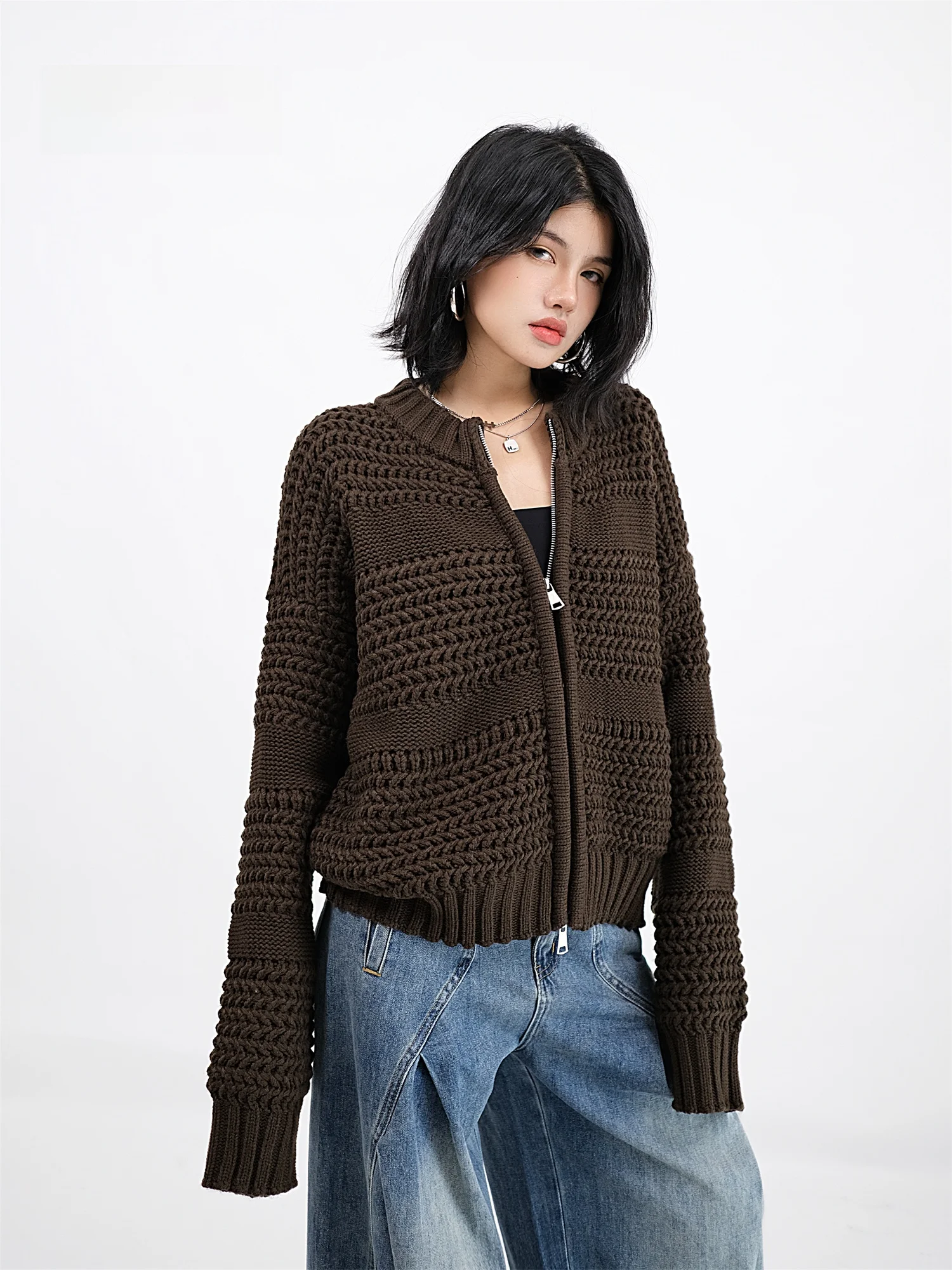 

Loose Fit Zipped Knitted Sweater Women's Autumn Winter Vintage Long Sve round Ne Open Cardigan Lazy Sle Twist Yarn