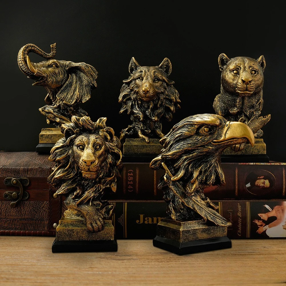 Vintage Bronze Animal Head Sculpture Resin Lion Wolf Elephant Eagle Leopard Statue Unique Home Office Desk Decor Ornament Gift