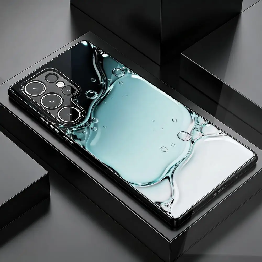 Electroplated Black Edge Glass Phone Case For Samsung Galaxy S26 S25 S24 FE Ultra Plus Light Blue Liquid Bubble Print Hard Cover