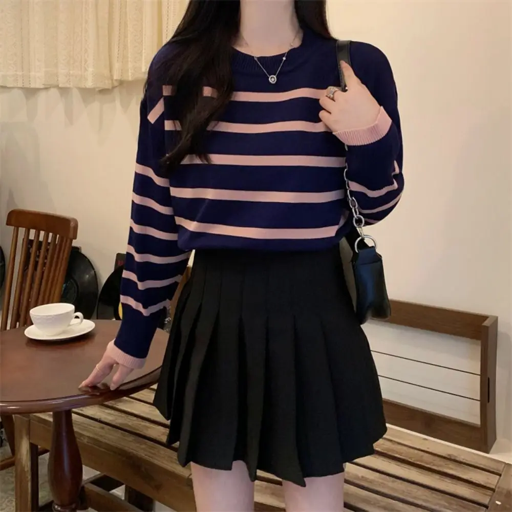 بسيط الخامس الرقبة شريطية طويلة الأكمام رقيقة التلبيب Y2k المرقعة تريكو البلوز سليم صالح تي شيرت مخطط الخريف الربيع #2