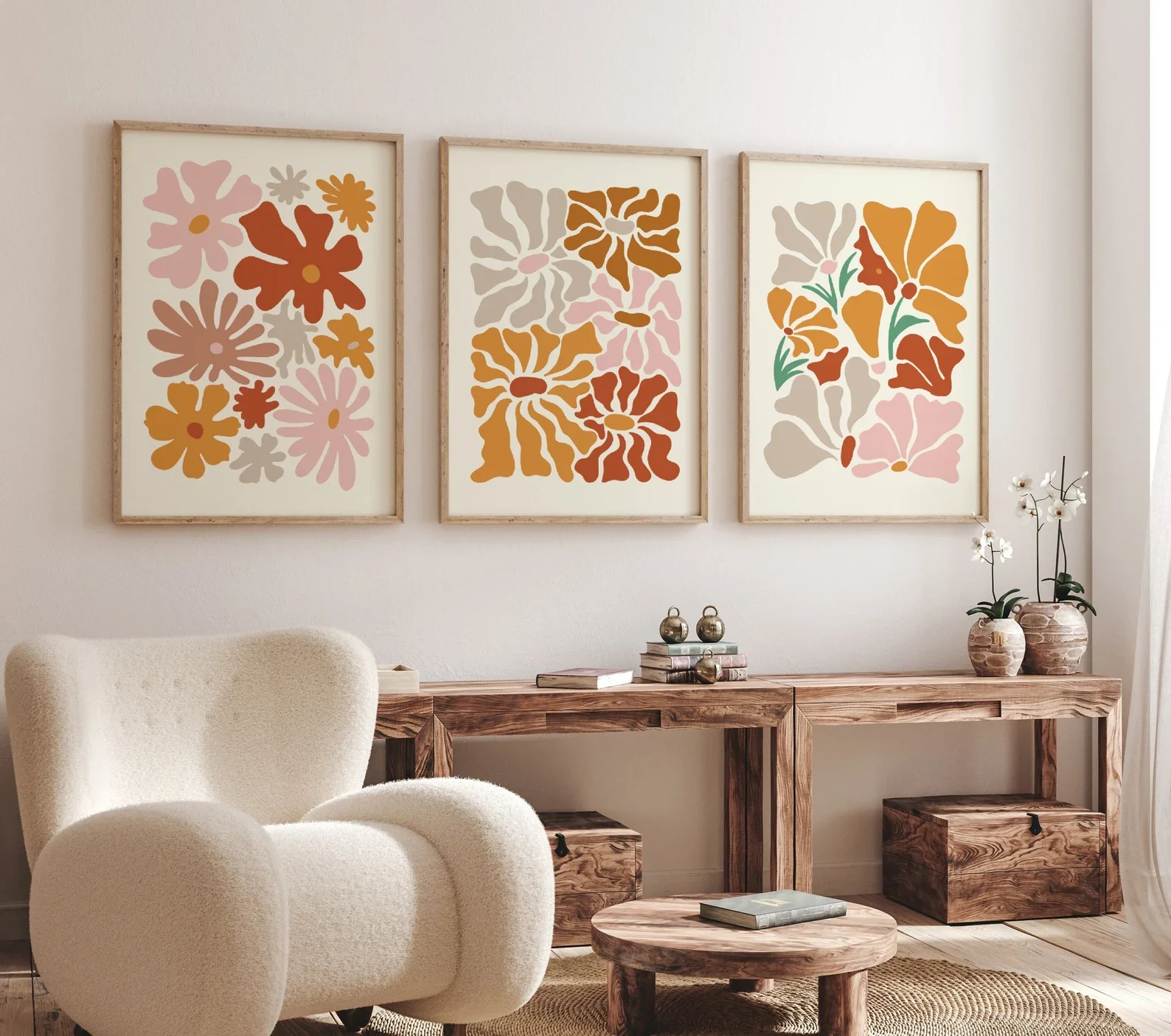 Boho Terracotta Floral Print Set: Wall Art Print Canvas Wall Art Poster for Modern Home Room Living Decor