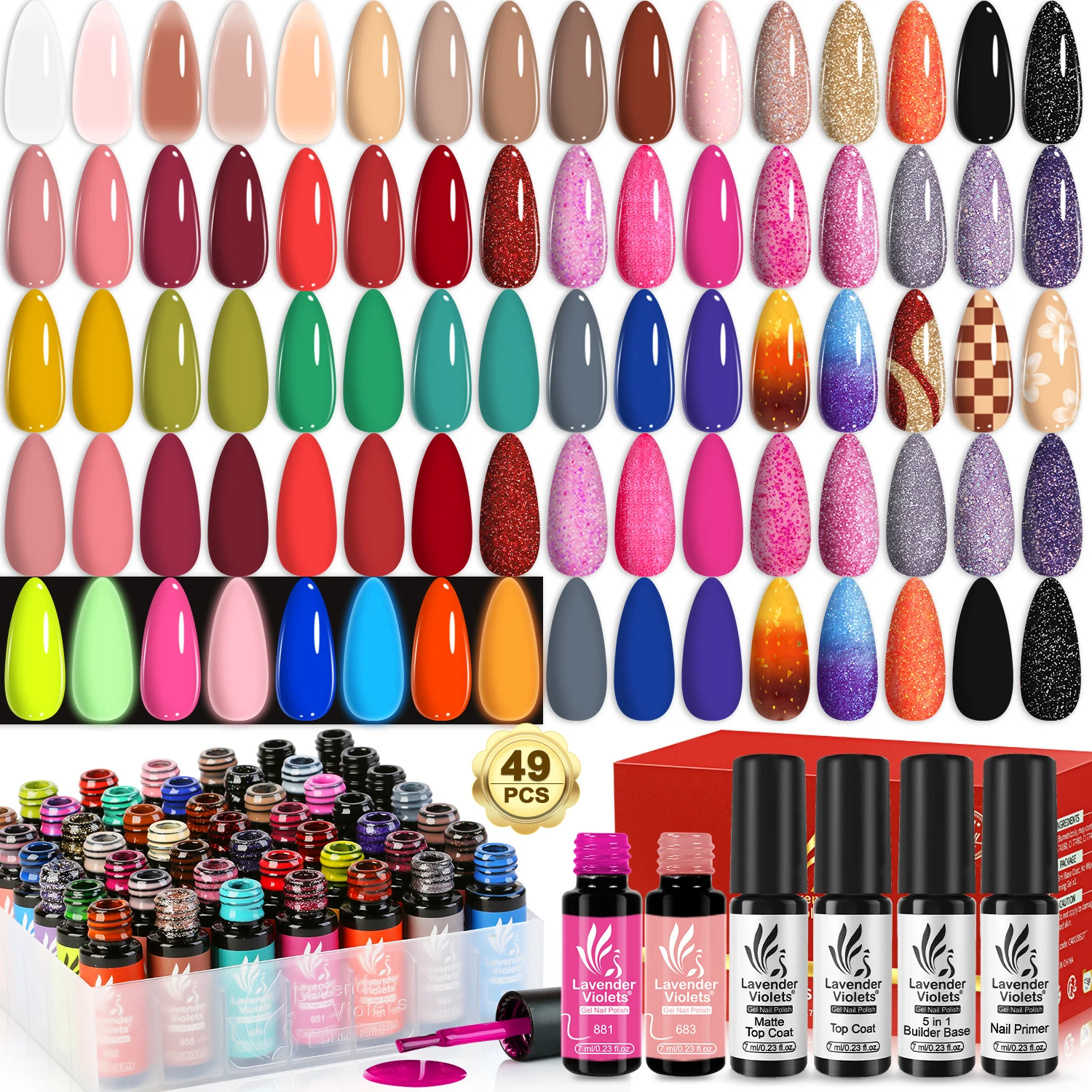 49pcs Gel Nail Polish Kit with 45 Colors Gel Polish 4 Base Glossy Top Matte Top Coat Nail Primer for Nail Art Design Gift Set