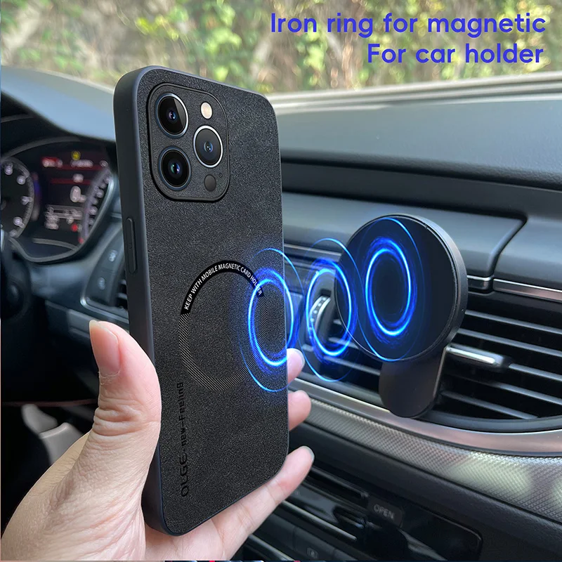 Luxury Leather Car Magnetic Holder Phone Case for iPhone 15 14 13 12 11 XS X XR Pro Max Plus Magsafe Wireless Charge Cover