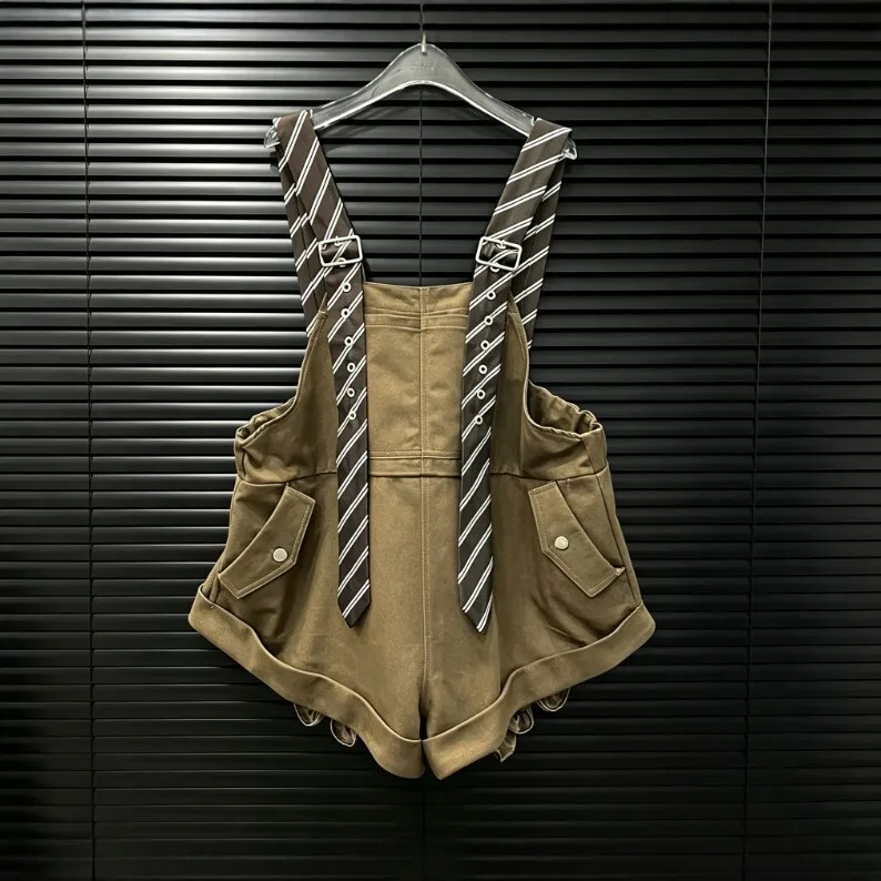 Casual No Stretch Romper with Straight Leg Japanese Korean Casual Cropped Length Jumpsuits and Rompers Pocket Detail for Women