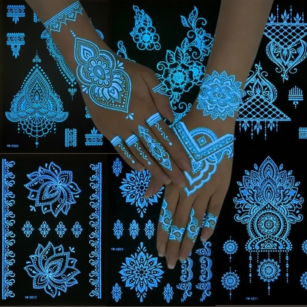 

6 Sheets Blue Luminous Henna Tattoo Stickers Lasting Sweatproof Mandala Temporary Tattoos White Body Art Lace Fake Tattoos Arm
