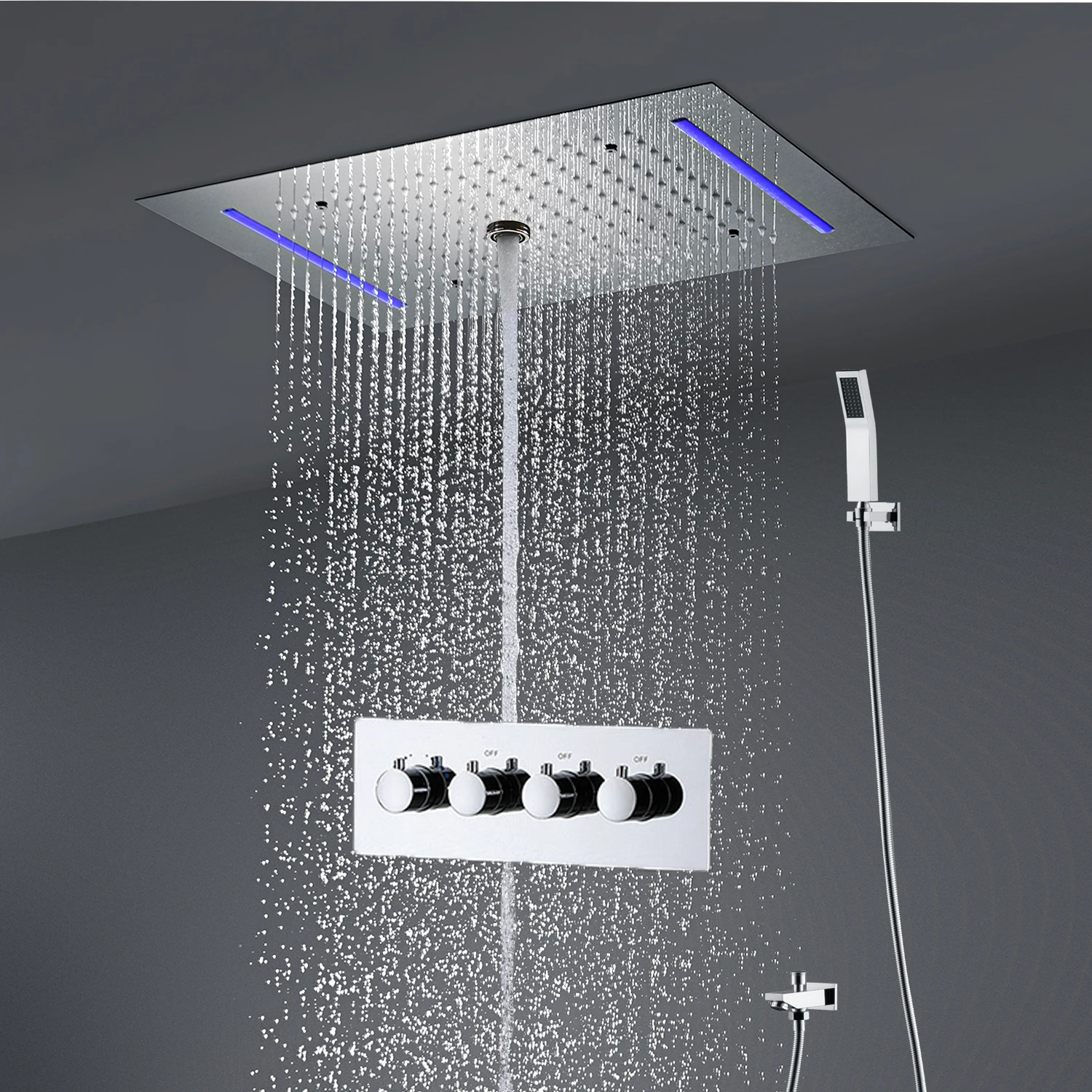 LED Shower Set Thermostatic 3 Ways Ceiling Massage Column and Rainfall Bathroom Chrome Surface