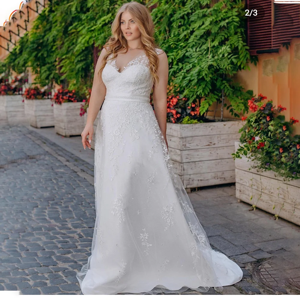 PLUS ขนาดชุดแต่งงานสําหรับเจ้าสาวเจ้าสาวลูกไม้ Appliques V คอลูกไม้ขึ้นกลับ Sweep Train CUSTOM Made To วัด Elegant สีขาว