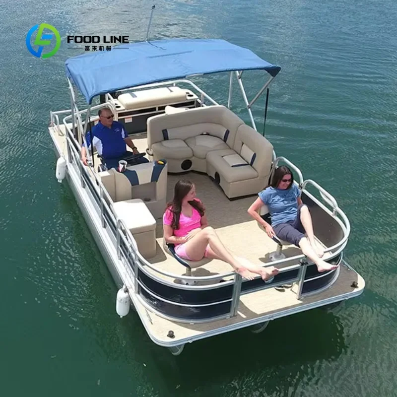 Yacht ponton de luxe en aluminium et verre, bateau multifonctionnel à moteur hors-bord pour la pêche, le tourisme, la restauration et les vacances