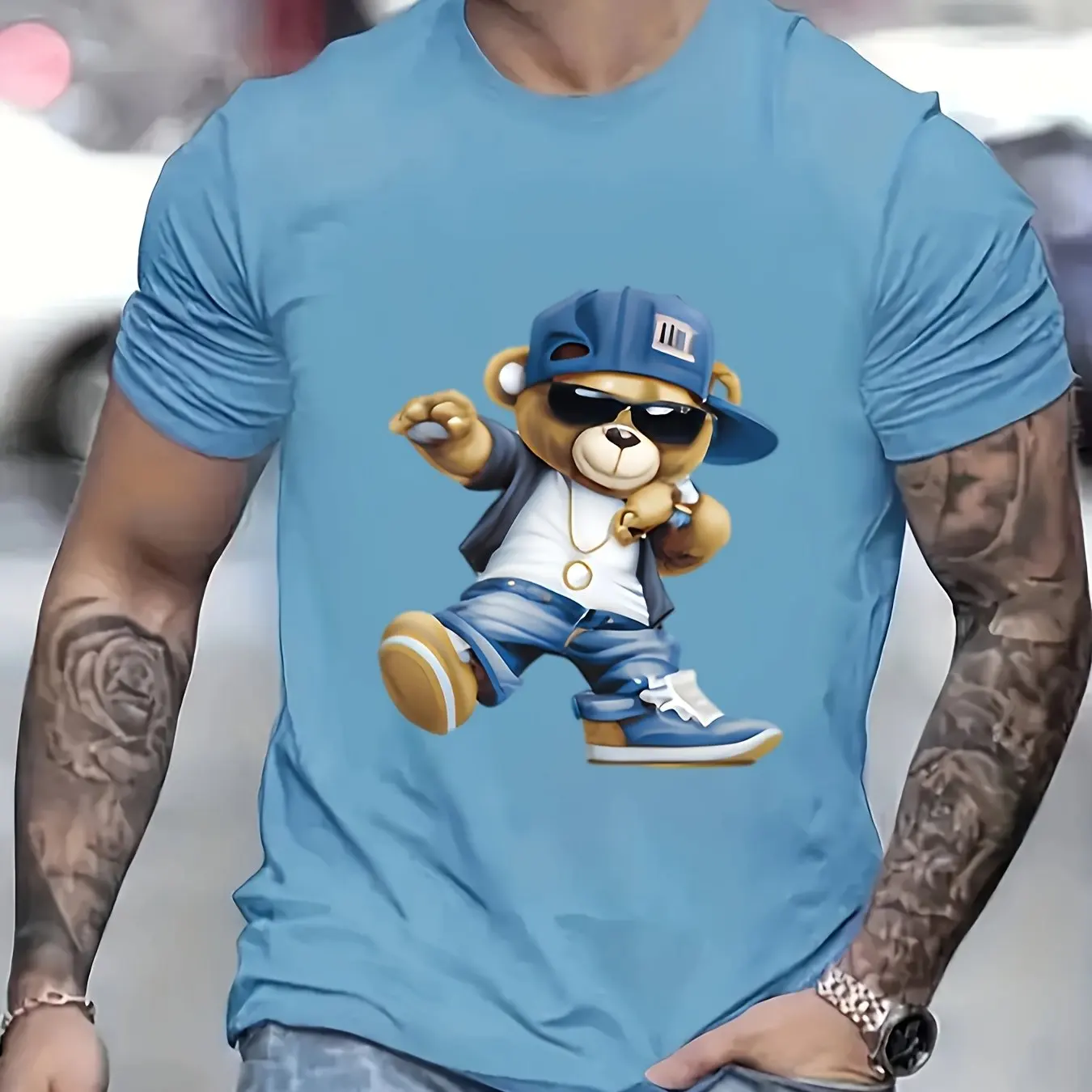 Men's Summer Fashion Casual Sports Loose Large Cartoon Cool Bear Pattern Printed Round Neck Short Sleeve Oversized T-shirt tops - Image 3