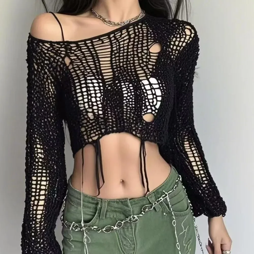 

Women's Solid Slash Neck Grunge Knitted Sweater Ripped Crop Top Harajuku Hollow out Pullover Sexy Summer Jumpers All Match