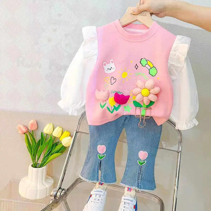 

Kids Cotton Outfit Clothes Set Baby Girl Tops Shirt Denim Long Pants Jeans 2Pcs Clothes Set New 2023 Spring Autumn