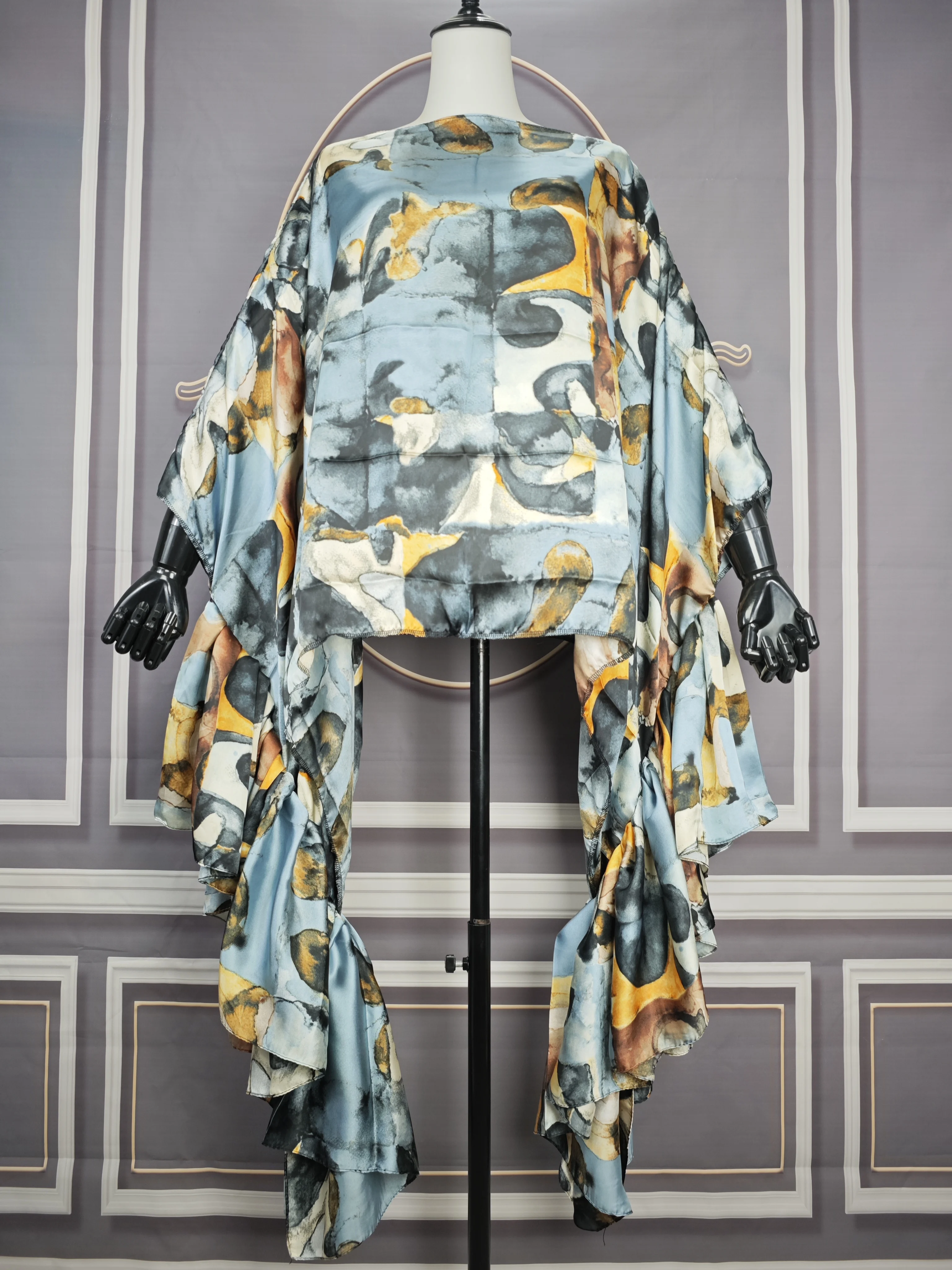 Kuwait Fashion Boho Printedone-Schouder Pofmouwen Zijden Bedrukte Kaftan Blouse Oversized Kuwait Blogger Populaire Losse Topjurk