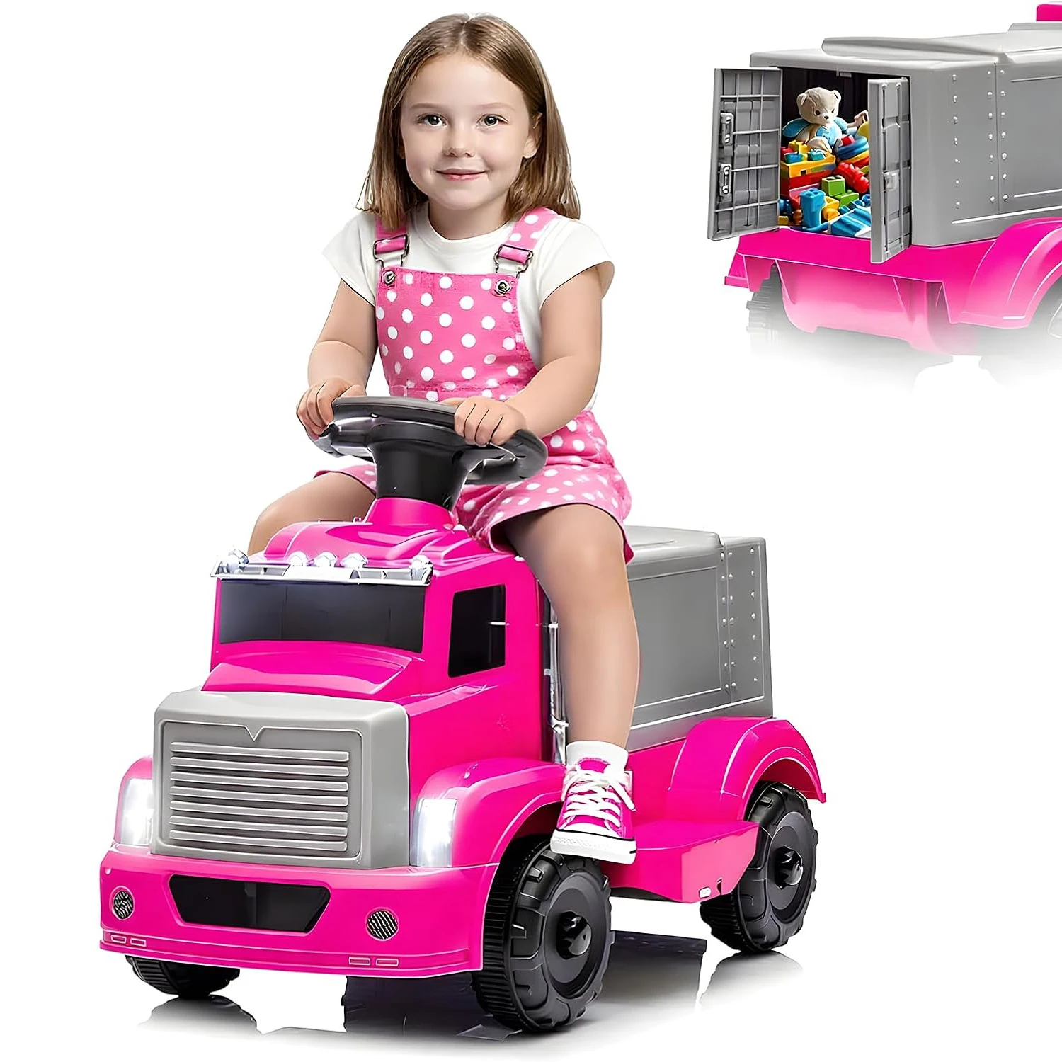 Ride on Truck pour enfants Voiture électrique avec rangement spacieux Lumières LED de musique Batterie rechargeable et bouton de démarrage facile Jouet pour tout-petits