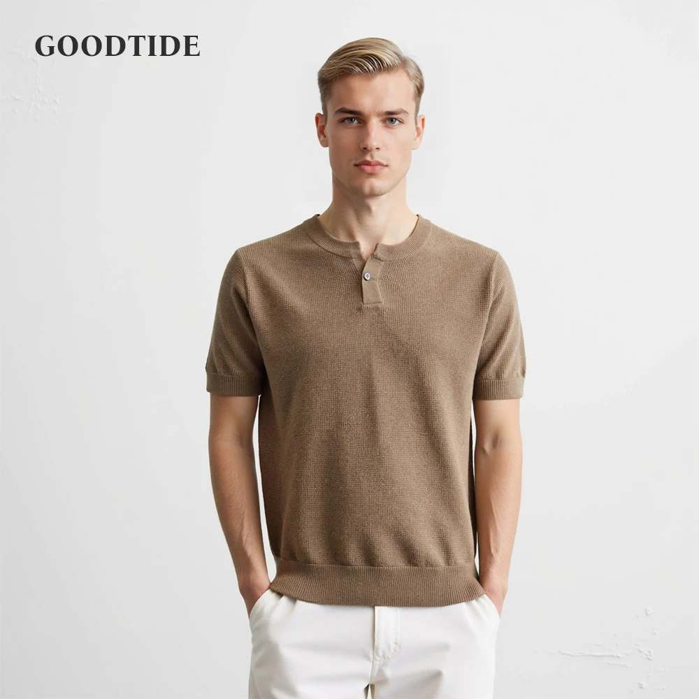 Men's Henry Collar Solid Color Retro Short Sleeve T-shirt Summer New Knitted Breathable Quality Business Casual Half Sleeve Top