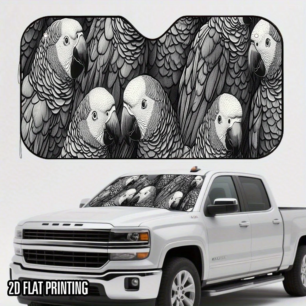 1pc 2D Flat Grey Parrot Design Car Visor - Foldable And Stylish To Keep Your Vehicle Cool, Space-saving Storage Buckle, 4 Suctio