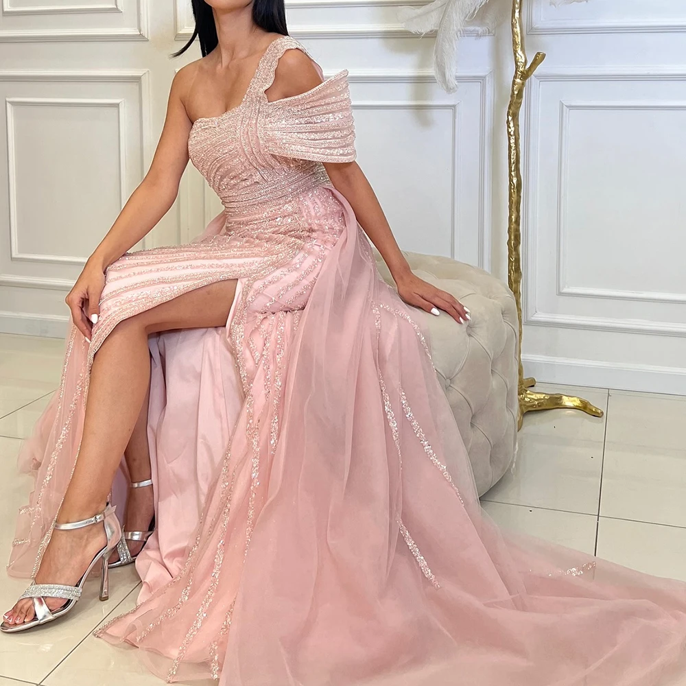 

Sequined Beading Crystal Organza Mermaid One Shoulder Floor Length Front Slit Panel Train Sleeveless High Quality Evening Dress