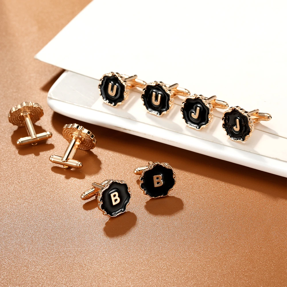 Classic 26 English Letters A-Z Design Flower Shaped Gold Mens Cufflinks Initial Capital Letter Sleeve Button