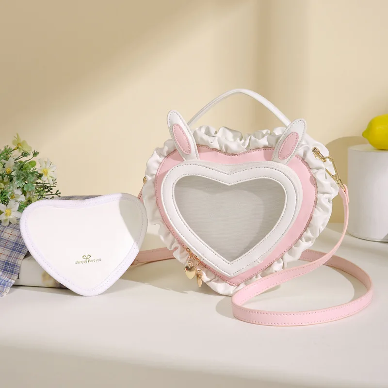 2025 New Rabbit Ears Peach Heart Transparent Pain Bag Bar and Grip Handheld Single Shoulder Women's  Cute Lace Bag Lolita