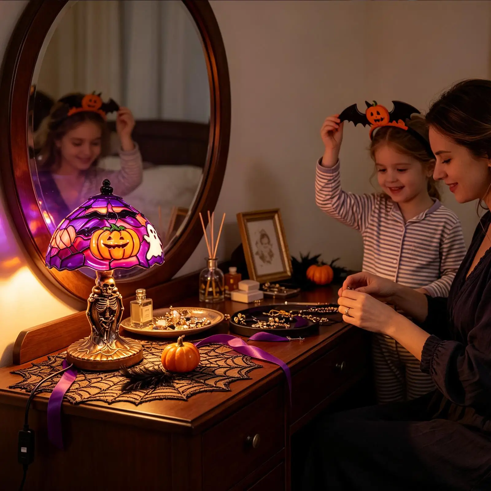 Halloween Gothic LED Desk Lamp Resin Ghost Pumpkin Bat Night Light Horror Style Art Ornament for Holiday Party Indoor Decoration
