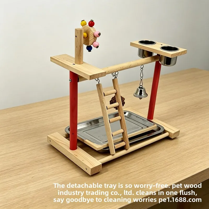 Parrot desktop stand with solid wood ladder, rotating windmill, play stand for cockatiels and budgies, pet toy supplies