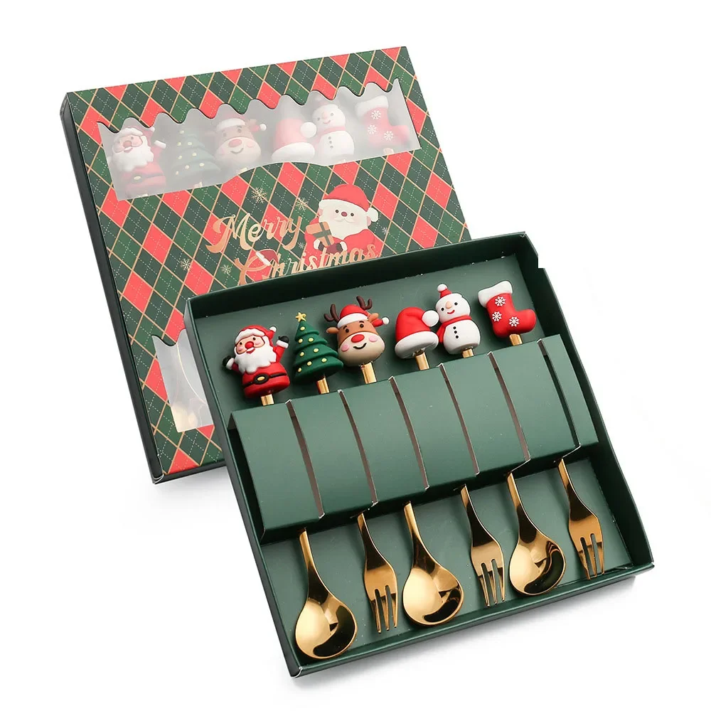 4/6Pcs Christmas Coffee Spoons Forks SetStainless Steel Teaspoon Cake Forks with Christmas Gifts Box for Kids