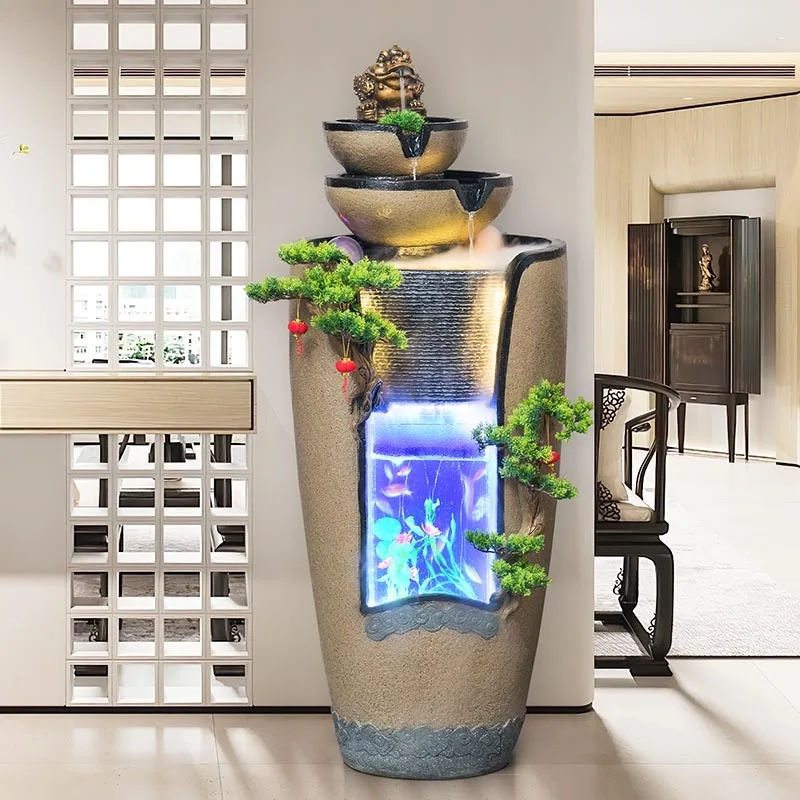 Chinese Style Water Fountain Ornament Floor Standing Cascading Water Feature Fish Tank For Living Room Indoor Landscape Decor