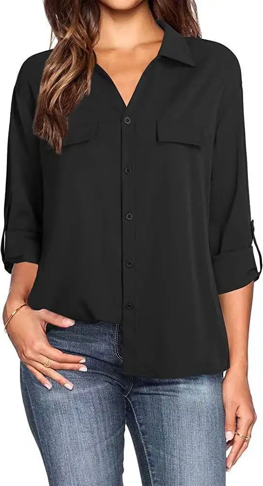 

2025 Women's Button Cardigan Black Shirt Pocket Lapel Simple Casual White Top Office Long Sleeve Blouses for Female
