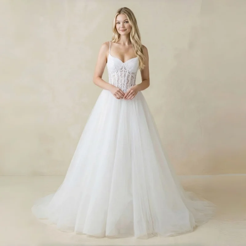 Spaghetti Straps Tulle Ball Gown Corset Wedding Dress In White Sweetheart Lace Corset Evening Gowns Customizable