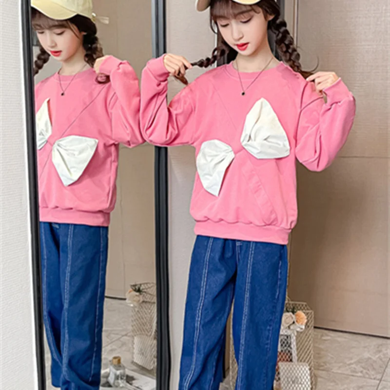 Girls Suit Sweatshirts +Pants 2Pcs/Sets 2022 Pink Bow Scoop Spring Autumn Toddler Kids Teenagers Cotton Sport Suits Children Clo