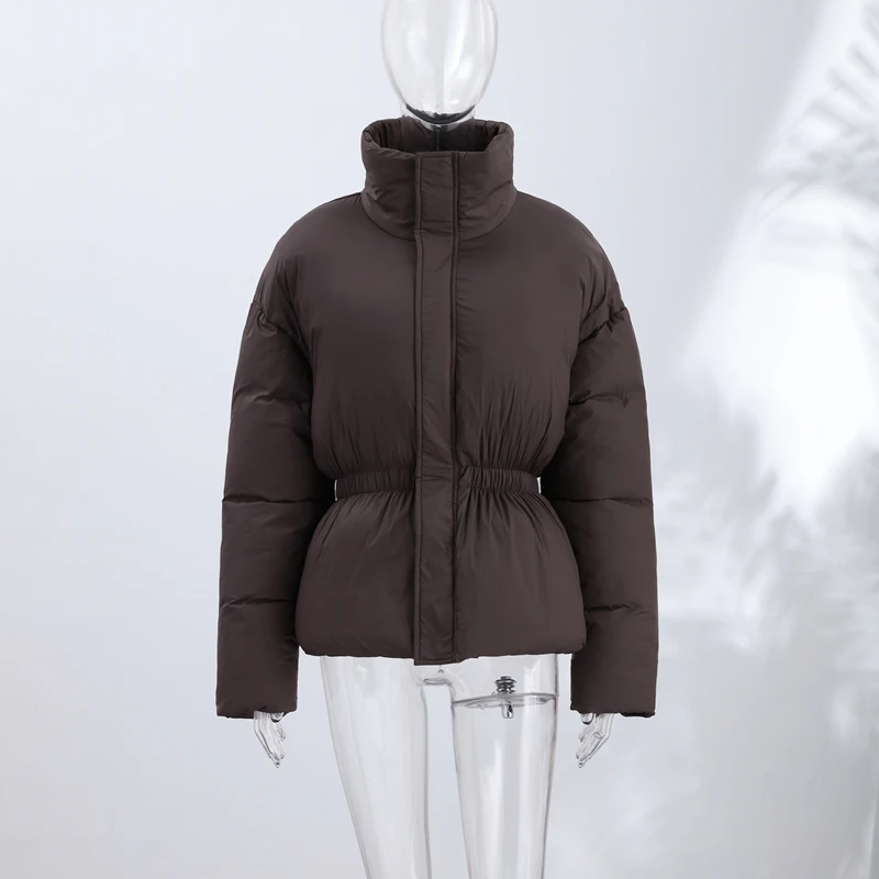 Back Half Zip Women's Winter Puffer Jackets Elastic Waist Ruffle Hem Cropped Padded Coat Loose Long Sleeve Warm Outerwear