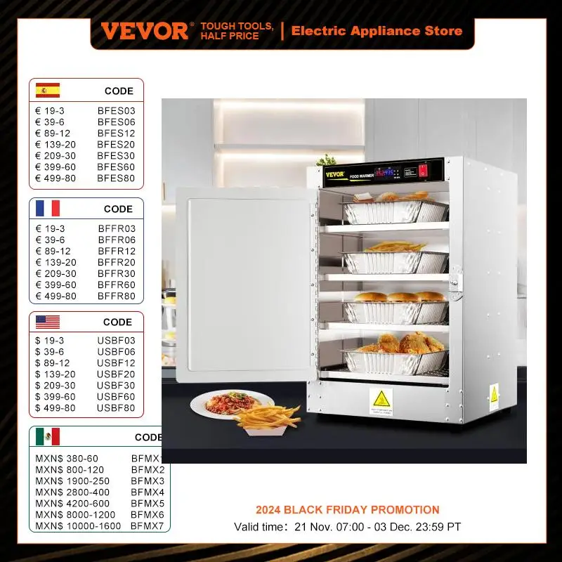 VEVOR 4 Shelve Stainless Steel Food Pizza Warmer Hot Foods Pastry Box Multifunctional Electric Pan for Concession Restaurant