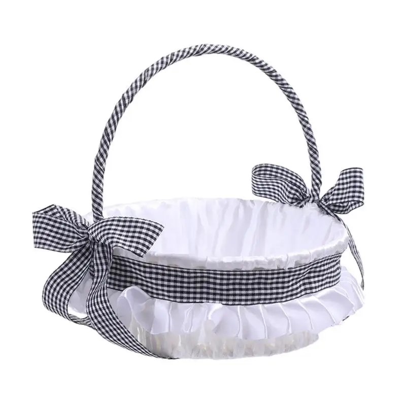 31BB Wedding Party Decorative Basket Checkered Bows Design Portable Lightweight Flower Petal Holder For Children