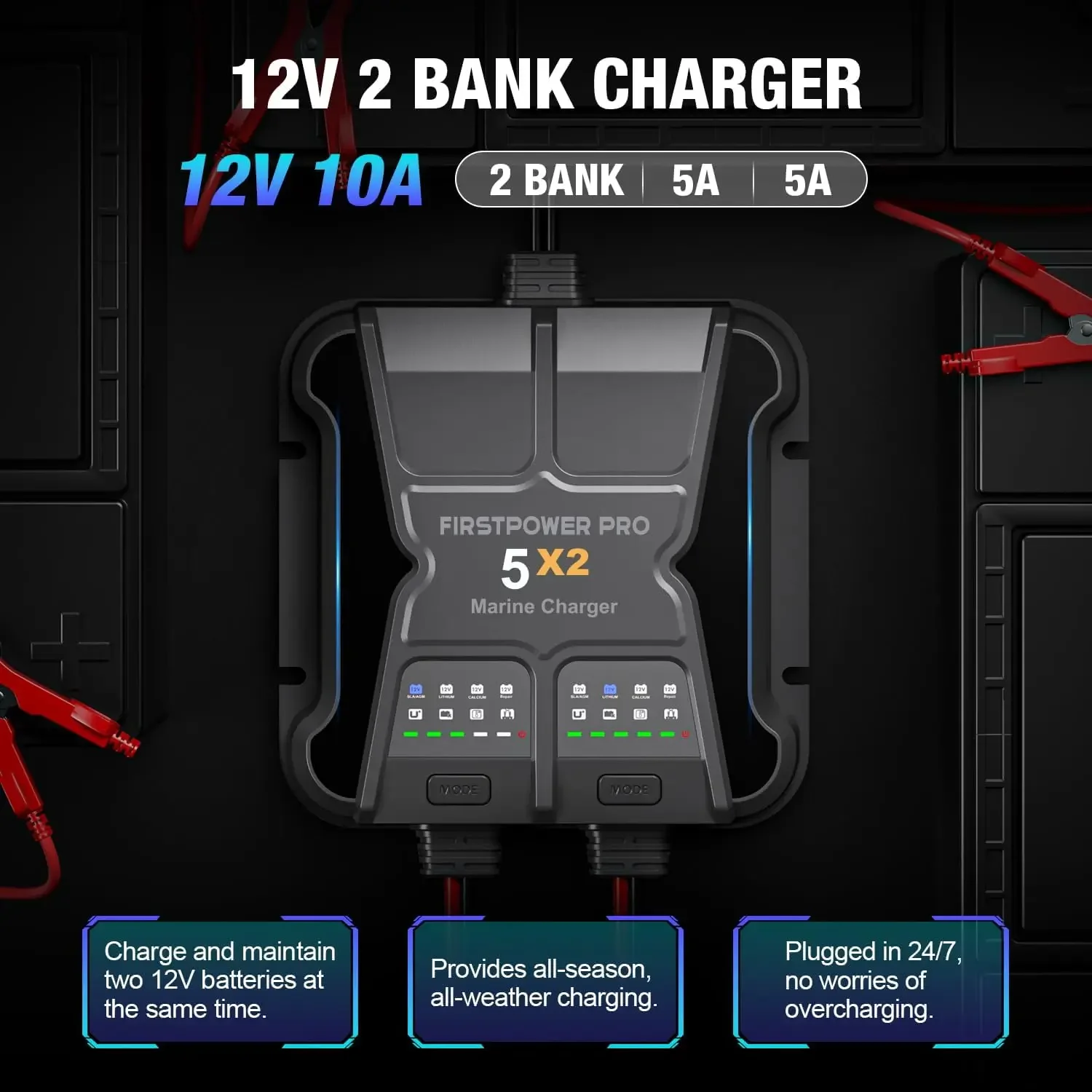 Marine Battery Charger 5X2, 10A (5A/Bank) - 12V Waterproof Onboard Battery Charger, Battery Maintainer & Desulfator for S