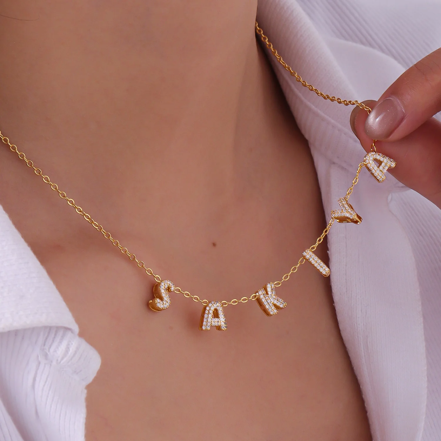 Qitian Personalized Name Necklace With Zircon Custom Initial letter Iced Out 3D Bubble Diamond Letters Pendant For Woman Gift