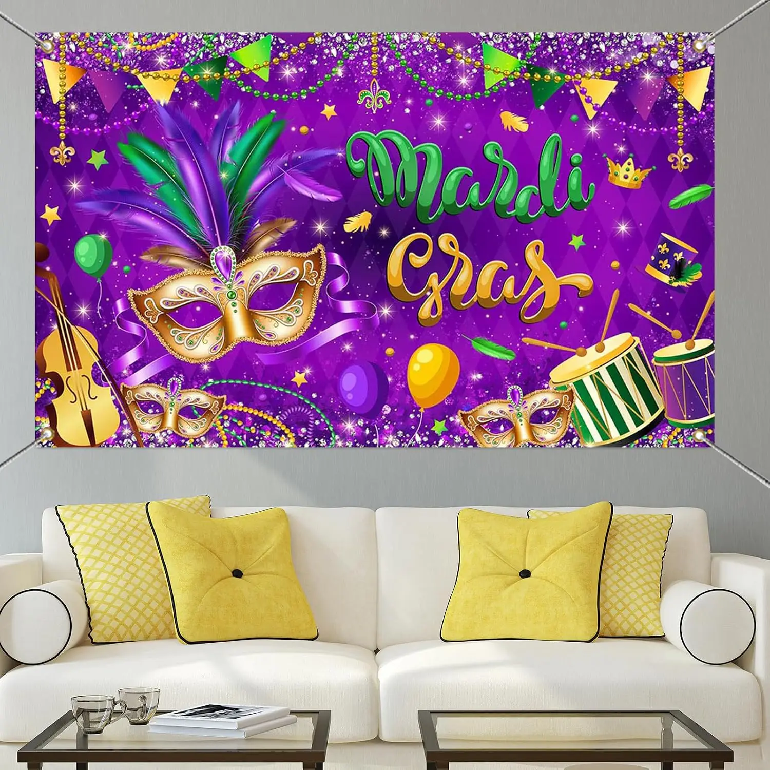 Mardi Gras Carnival Backdrop Banner, Purple Green Gold Fat Tuesday Masquerade Party Photo Booth Background Decor