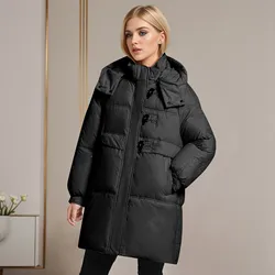 Women's Cowhorn Button Long Cotton Coat Women's Casual Fashion Cotton Coat Thickened Winter Women's Coat Fleece And down Jacket