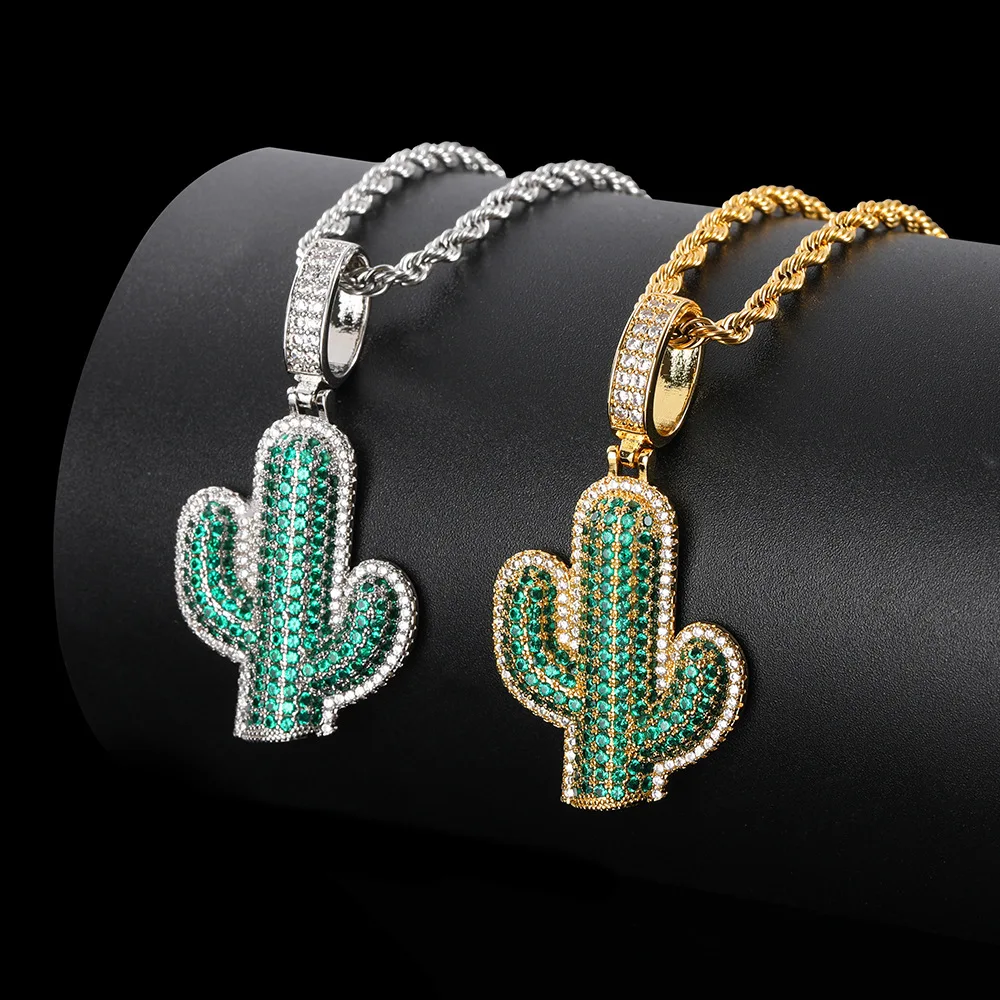 Hiphop Solid Cactus Copper Set Zircon Pendant Street Fashion Brand Hiphop Men's Necklace