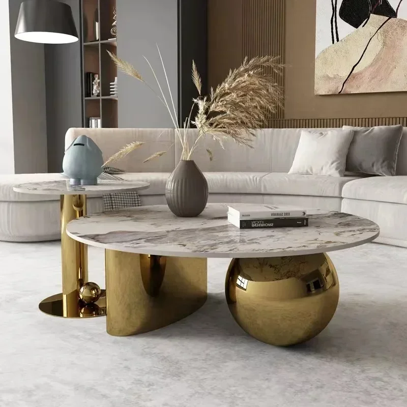 

Living Room Furniture European Modern Design Gold Round Black Marble Coffee Table with Stainless Steel