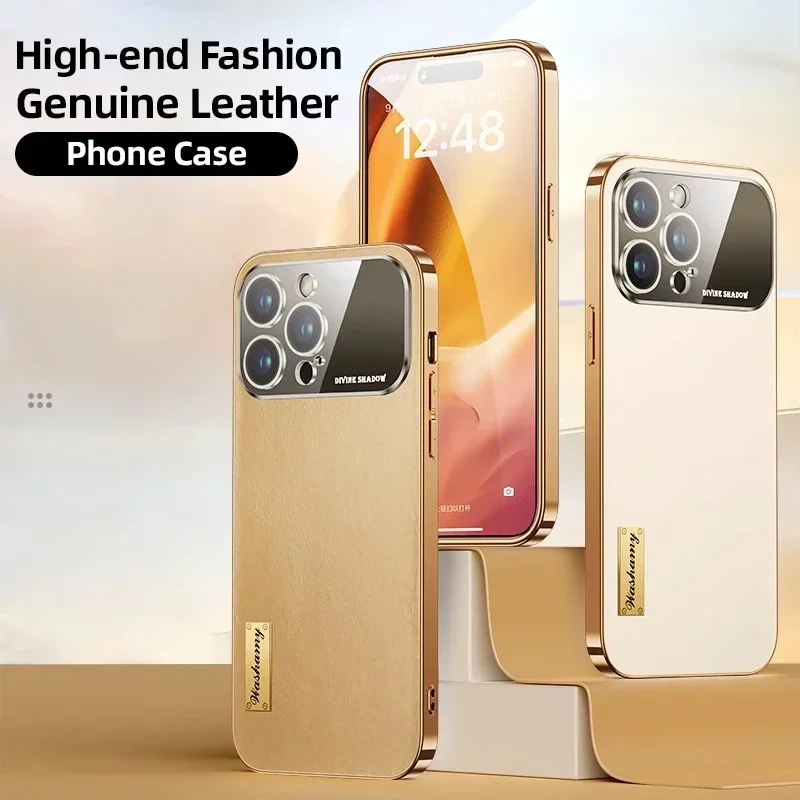 

High Quality Camera Lens Full Protection Plating Hard Phone Case For iPhone 13 14 Pro Max Cow Leather Silicon Shell Funda Cover